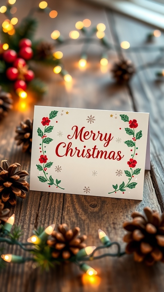 Festive Christmas Card Border Design A Christmas card with a decorative border of holly and snowflakes on a wooden table with pinecones.